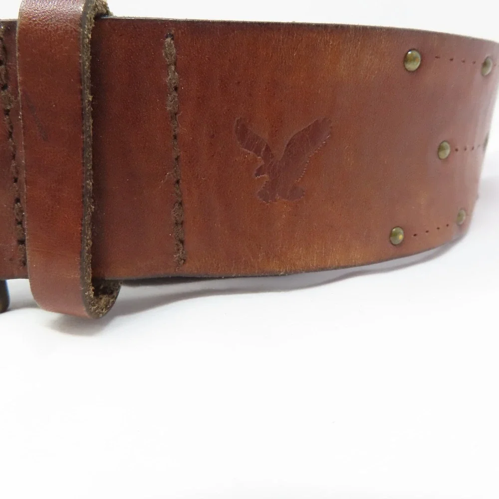 AE Leather Studded Belt Mens Brown Wide Y2K Western Distressed Medium